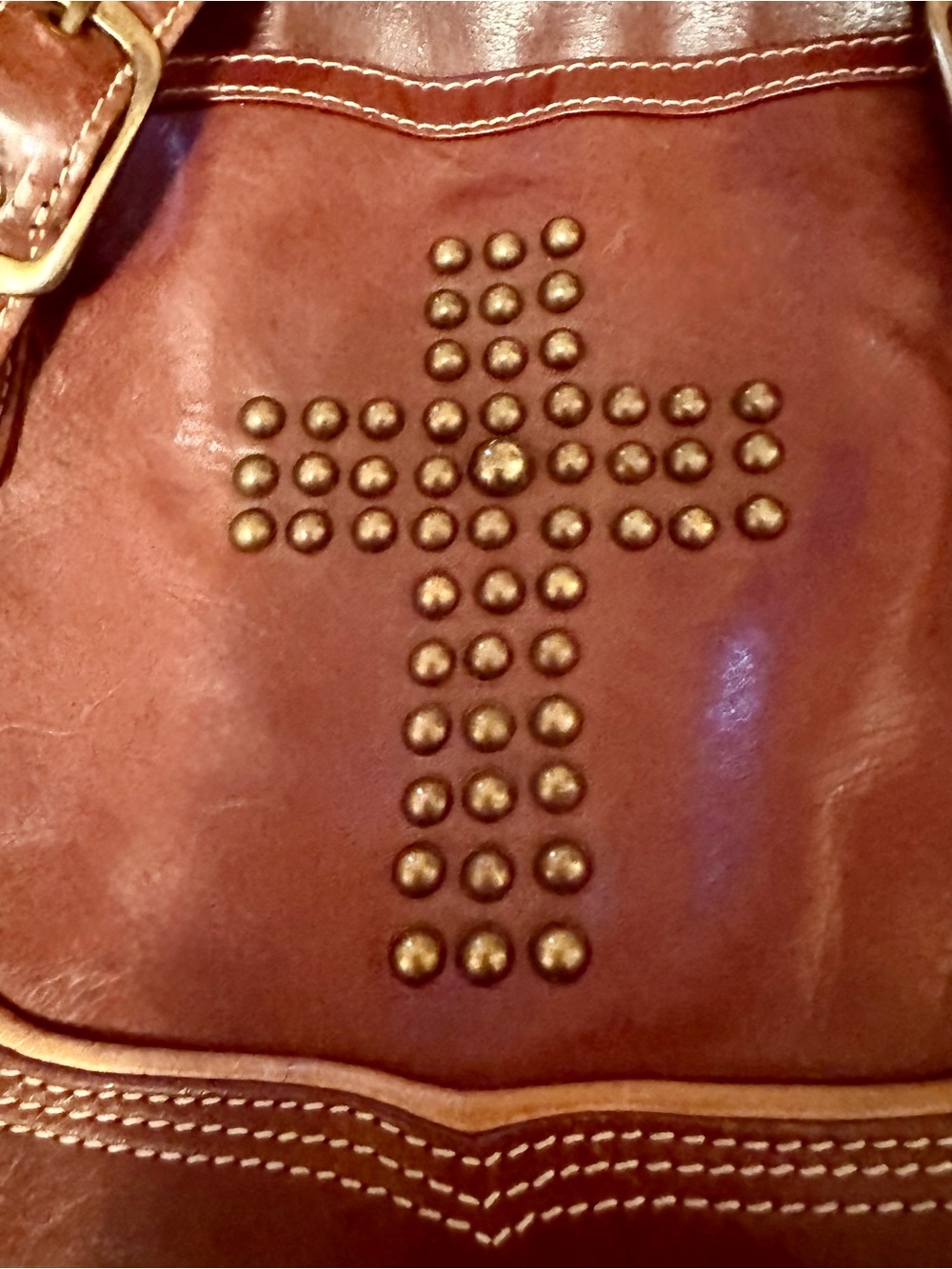Studded Cross Accent Brown Leather Shoulder Bag